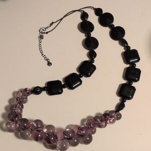 C1946 Black Statement Necklace w/ Smoky Gray Glass Beads &‎ Adjustable Chain